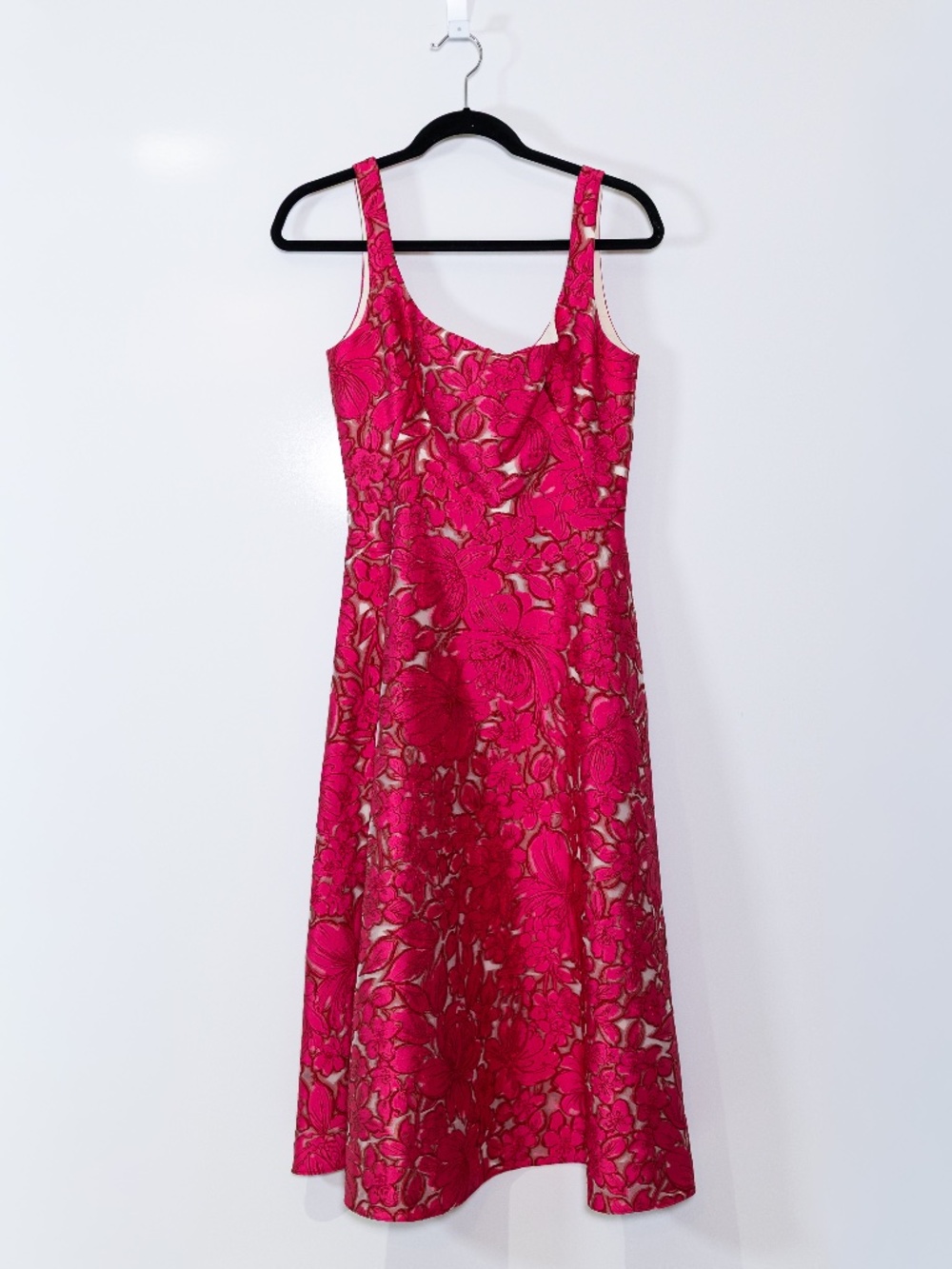 NEW Lela Rose Scoop Neck Bodice Midi Dress Cut Out Lace Overlay Fuchsia Floral 2